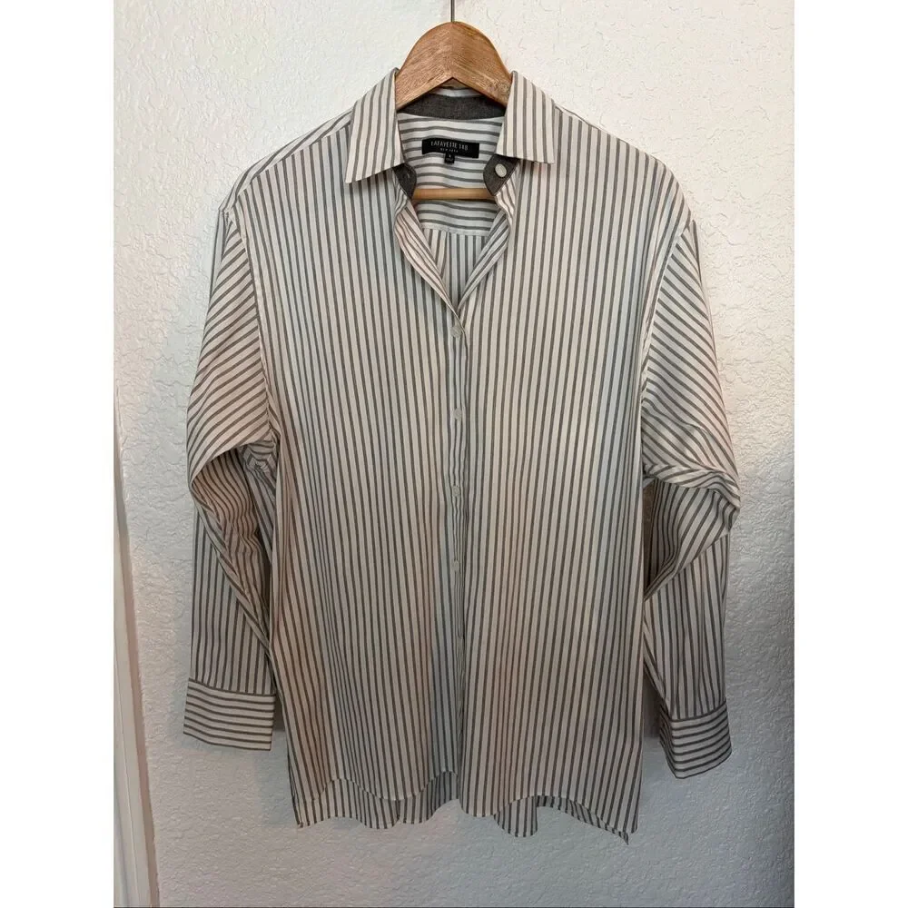 Lafayette 148 New York Helen Striped Button-Down Shirt White, Gray Size S - Picture 4 of 12